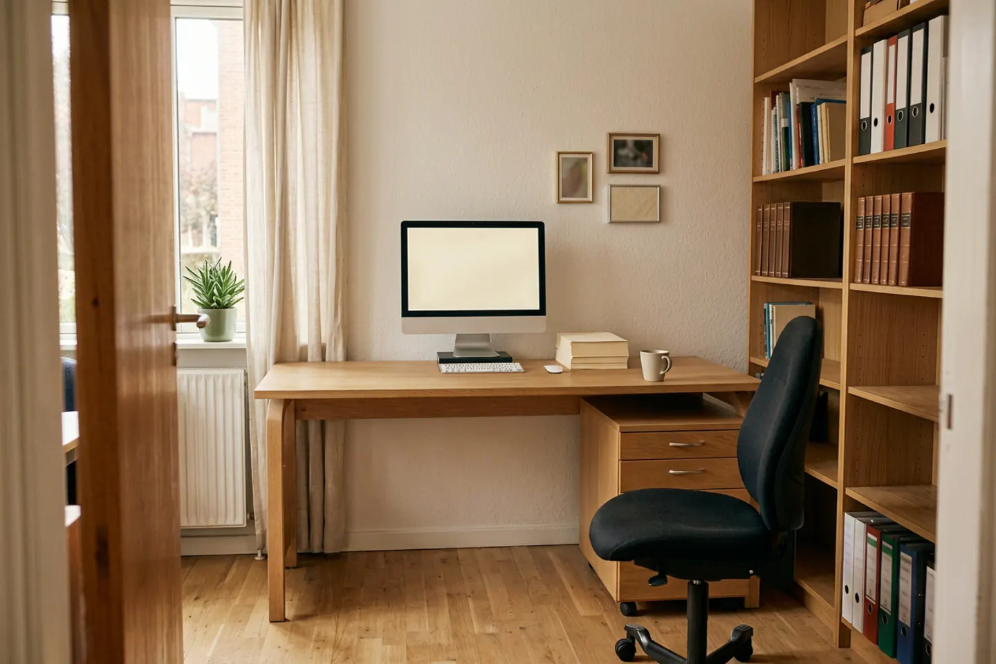 Rolig kontor set fra døren. Et tomt skrivebord med en bærbar computer, en plante og dagslys. Ingen personer.